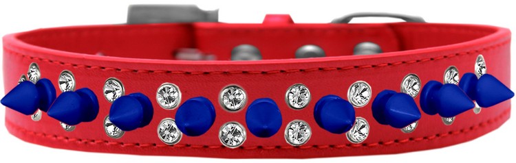 Double Crystal and Blue Spikes Dog Collar Red Size 14